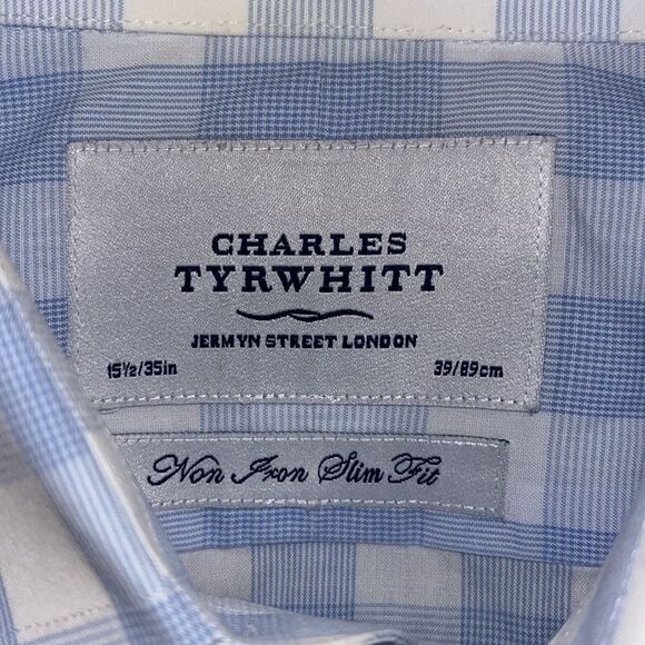 2-Charles Tyrwhitt Blue Gingham Check Plaid French Cuff & Standard Cuff Shirt M - Picture 5 of 7